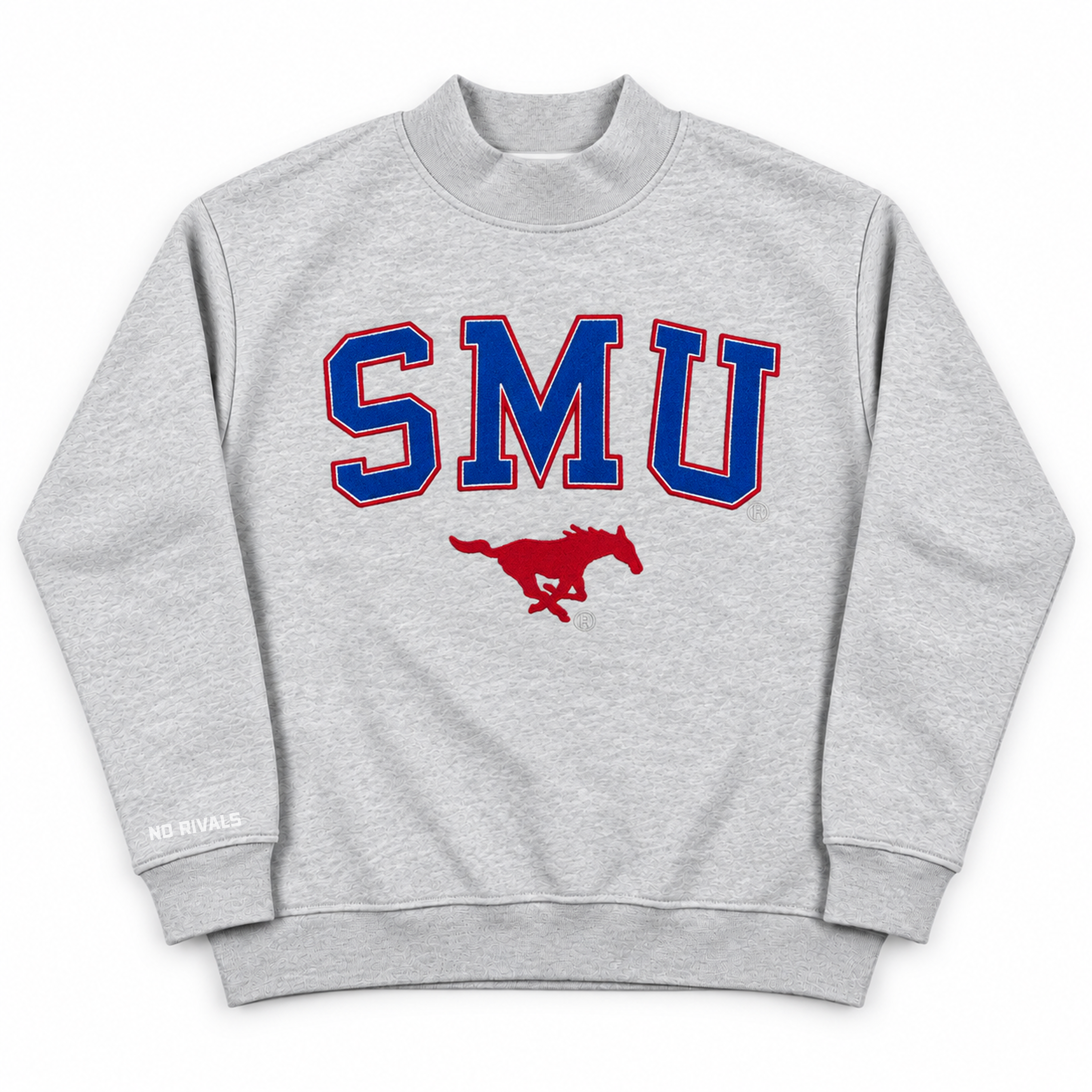 No Rivals SMU Mock Neck: oversized light gray mock neck sweatshirt featuring blue SMU text with red outlines above a red mustang mascot logo, crafted from heavyweight cotton with a fleece interior.