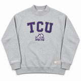 Grey oversized No Rivals TCU Mock Neck sweatshirt featuring the purple letters TCU above a horned frog logo.