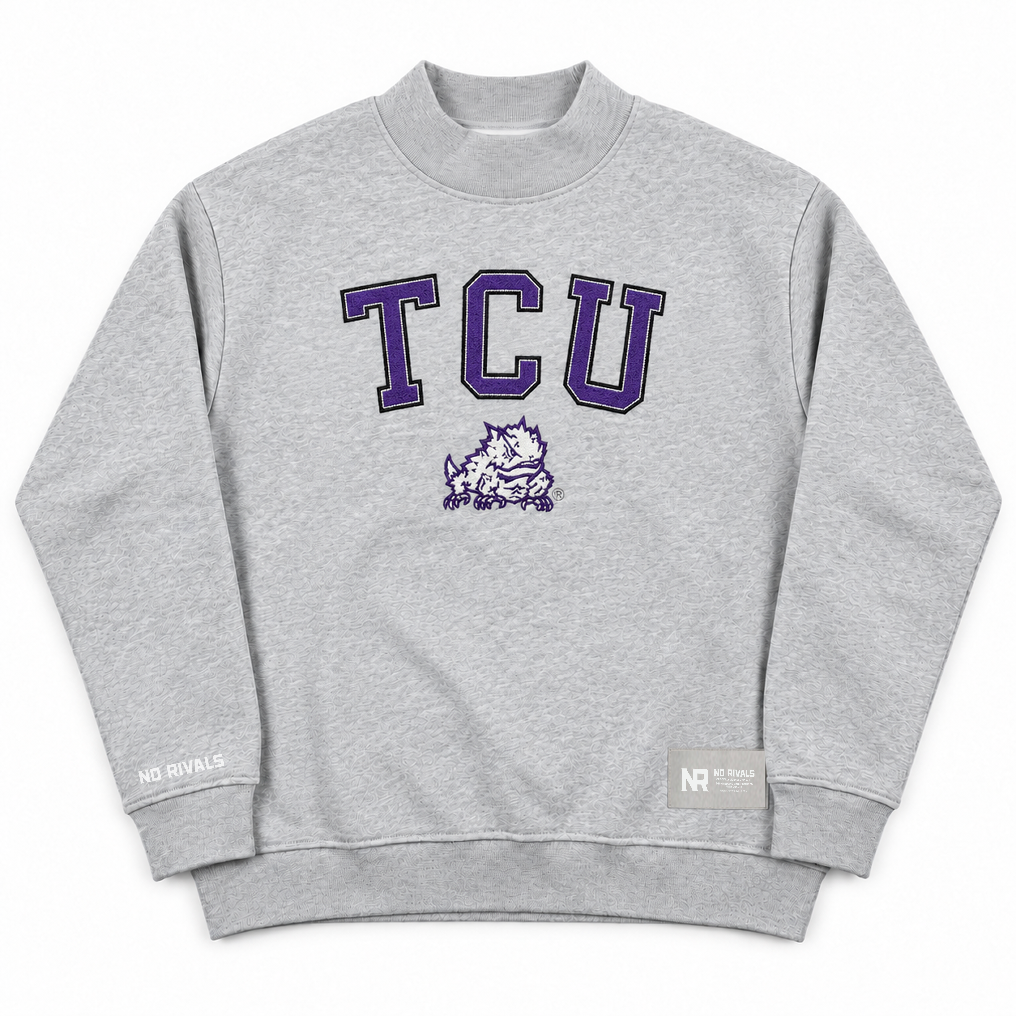 Grey oversized No Rivals TCU Mock Neck sweatshirt featuring the purple letters TCU above a horned frog logo.