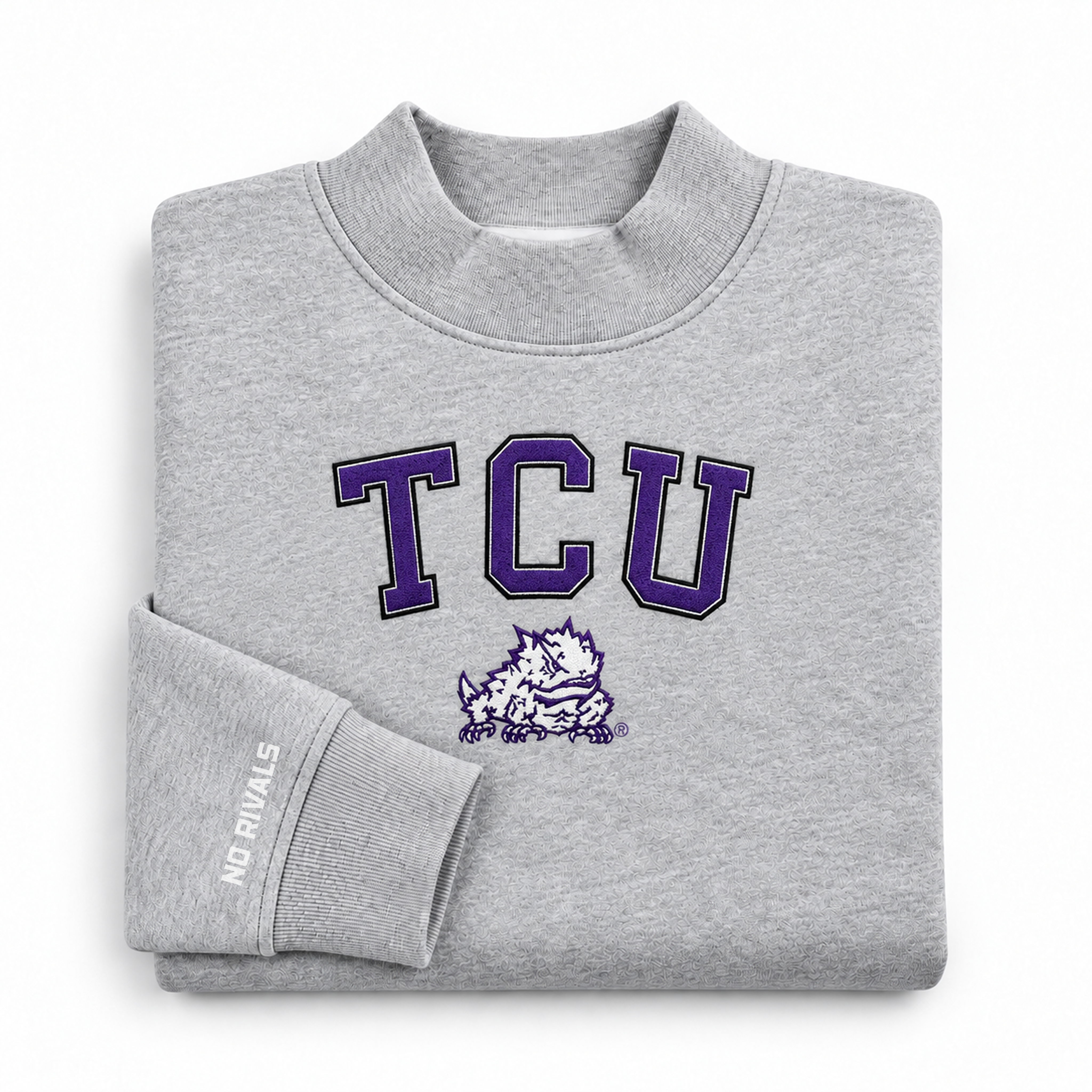 Folded grey heavyweight cotton No Rivals TCU Mock Neck sweatshirt with an oversized fit, featuring a TCU and horned frog mascot print on the chest.