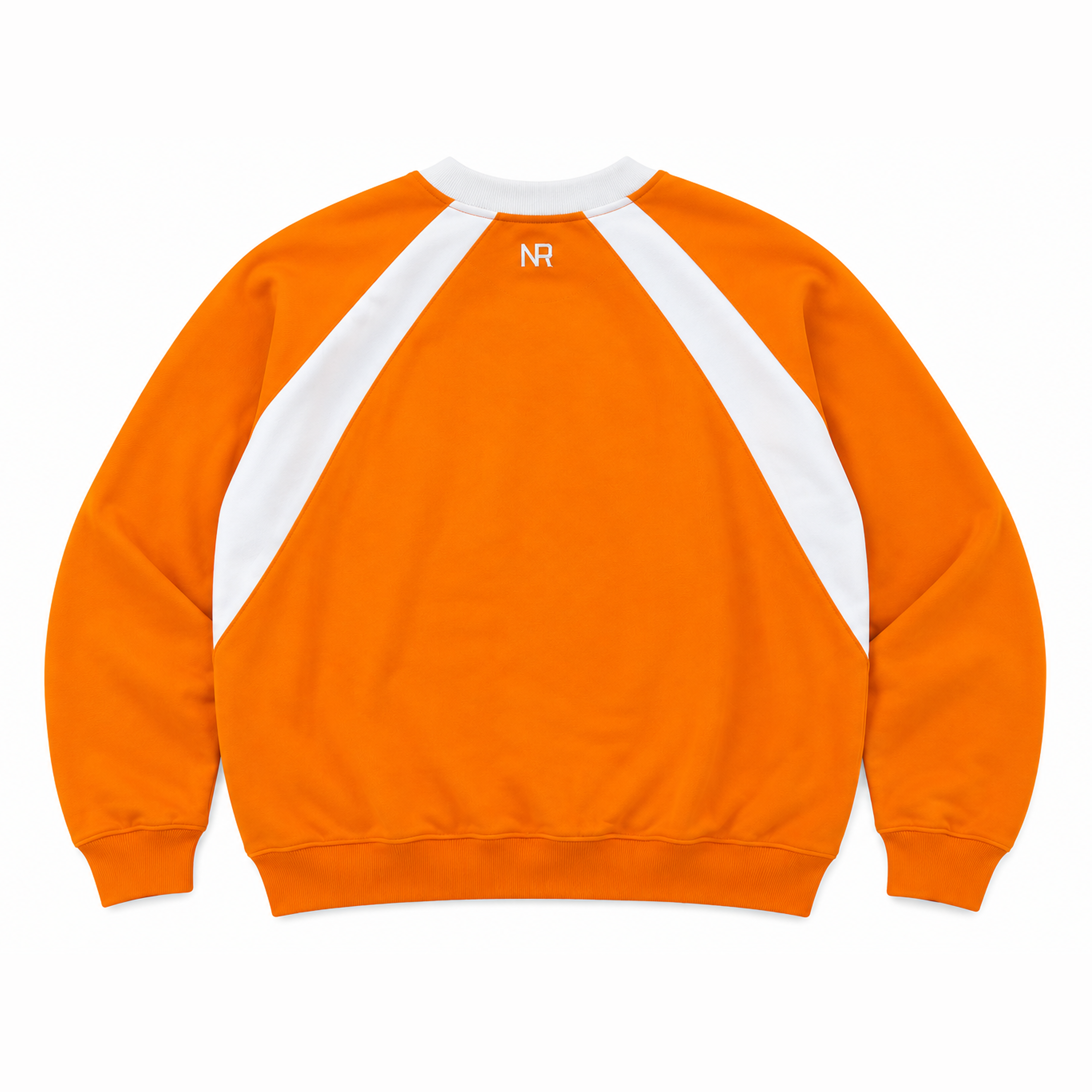 Back view of an orange No Rivals Tennessee Color Block Crew sweatshirt with white shoulder panels and a small white NR logo at the neckline.