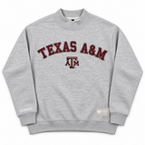 Oversized grey No Rivals Texas A&M Mock Neck sweatshirt with maroon Texas A&M lettering and university logo on the chest.