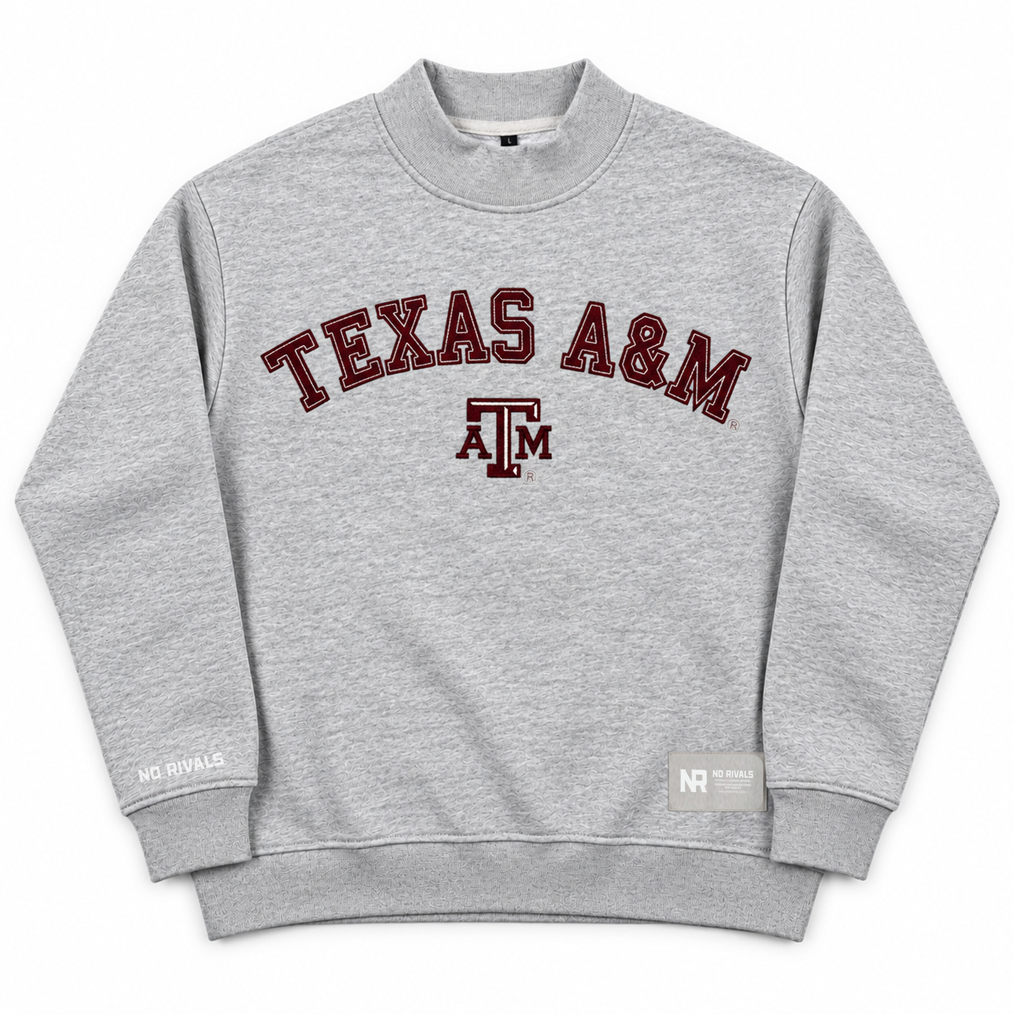 Oversized grey No Rivals Texas A&M Mock Neck sweatshirt with maroon Texas A&M lettering and university logo on the chest.