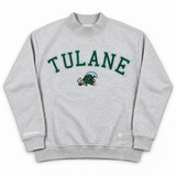 No Rivals Tulane Mock Neck: an oversized grey sweatshirt with a mock neck featuring Tulane in green and blue varsity lettering above a green mascot graphic.