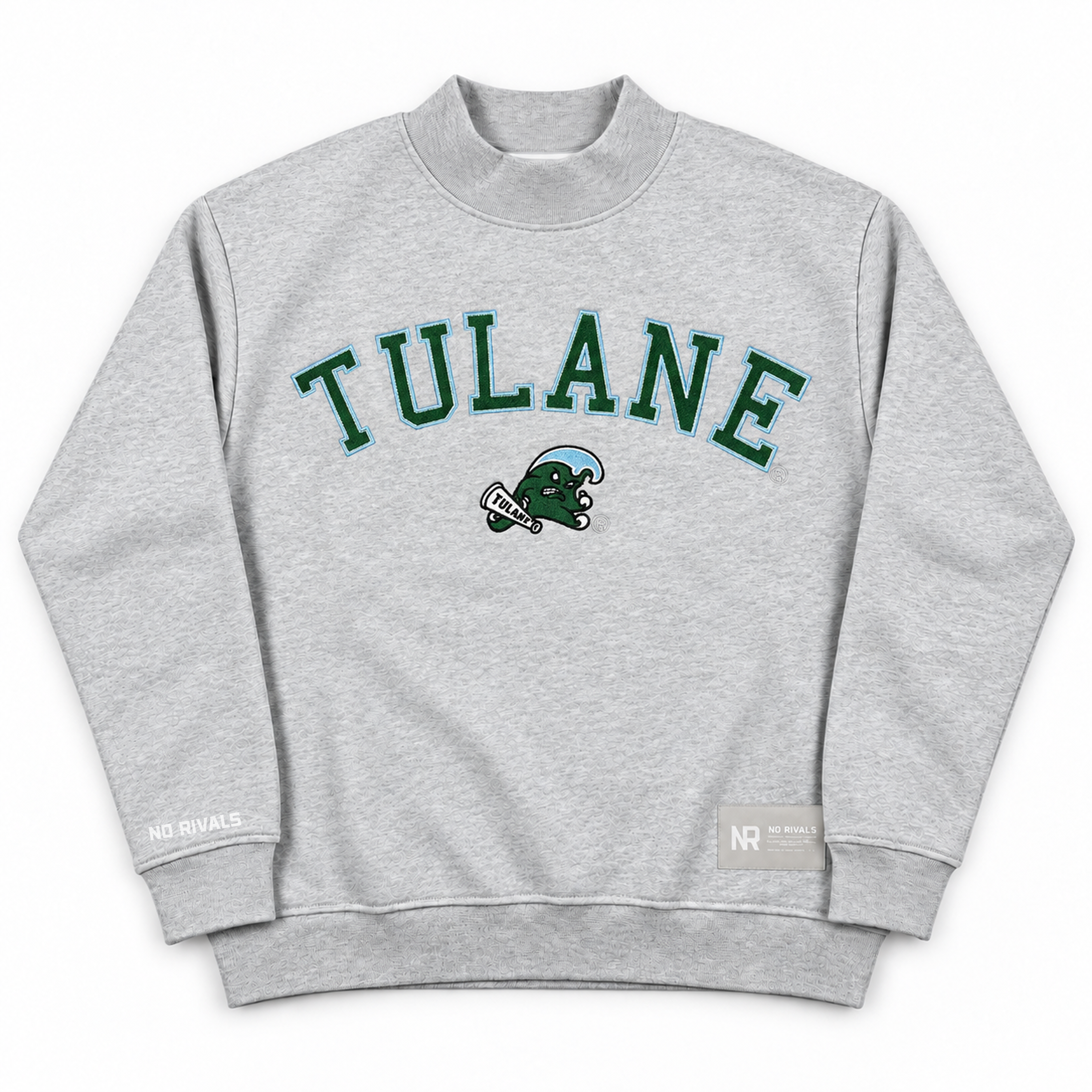 No Rivals Tulane Mock Neck: an oversized grey sweatshirt with a mock neck featuring Tulane in green and blue varsity lettering above a green mascot graphic.