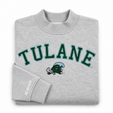 No Rivals Tulane Mock Neck in grey heavyweight cotton featuring an arching green TULANE graphic and a mascot on the chest.