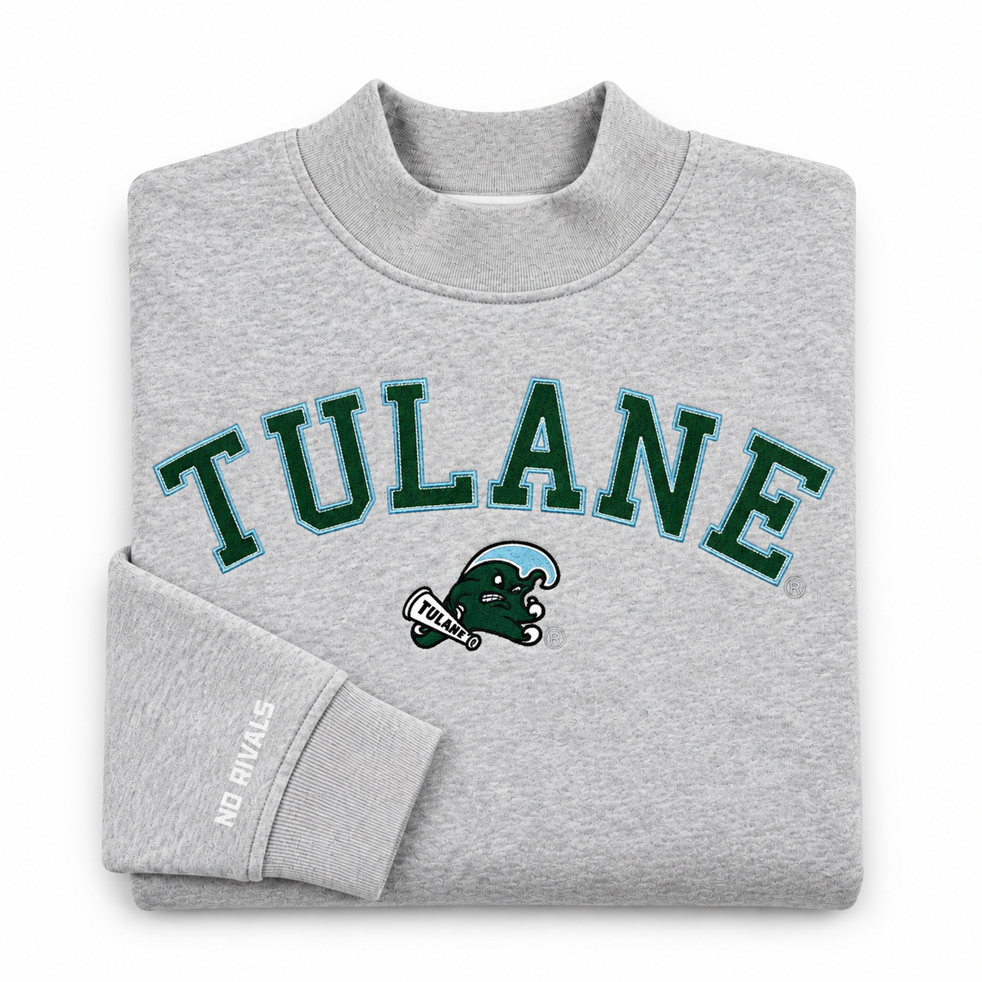 No Rivals Tulane Mock Neck in grey heavyweight cotton featuring an arching green TULANE graphic and a mascot on the chest.