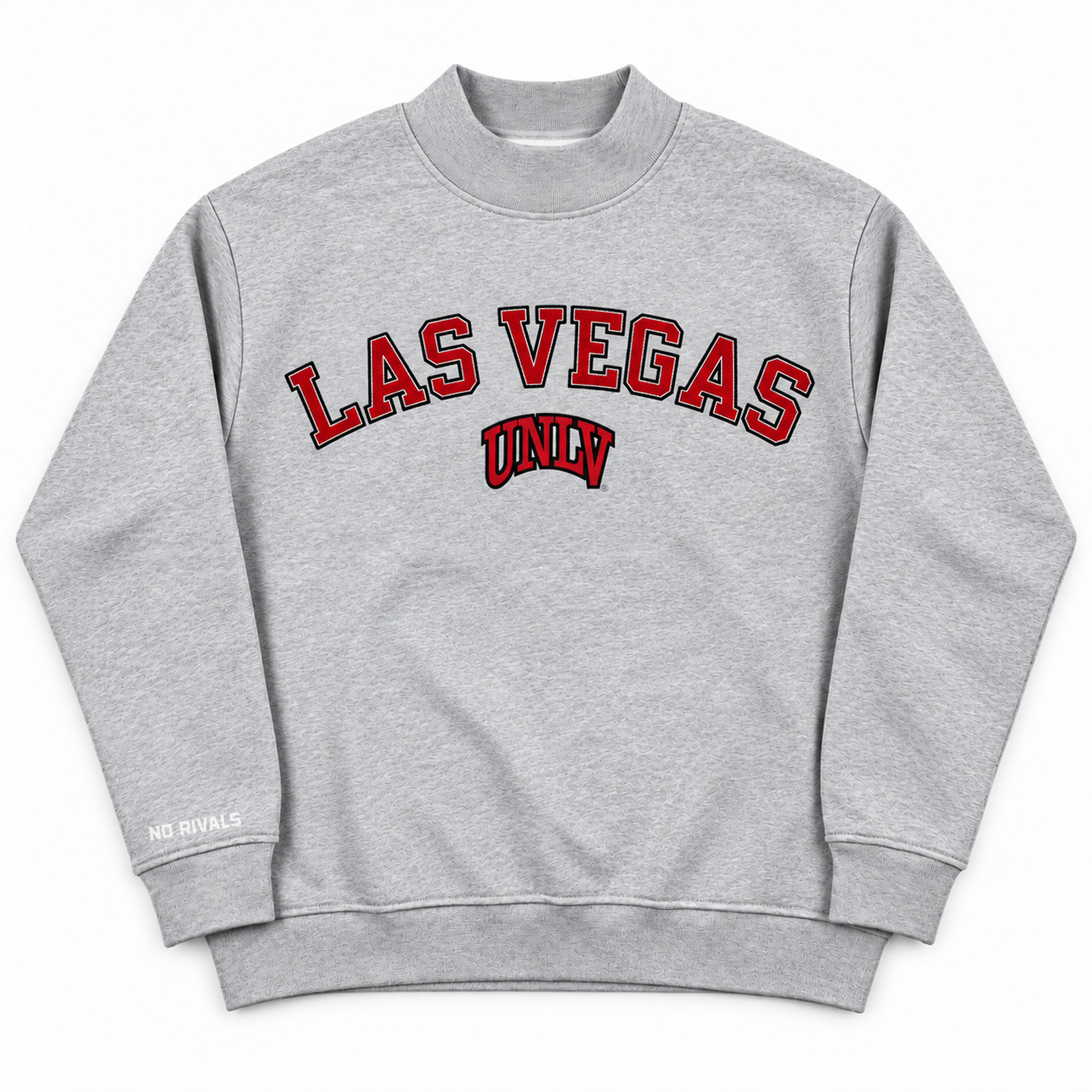 No Rivals UNLV Mock Neck in grey heavyweight cotton featuring arched red LAS VEGAS UNLV lettering on the chest.