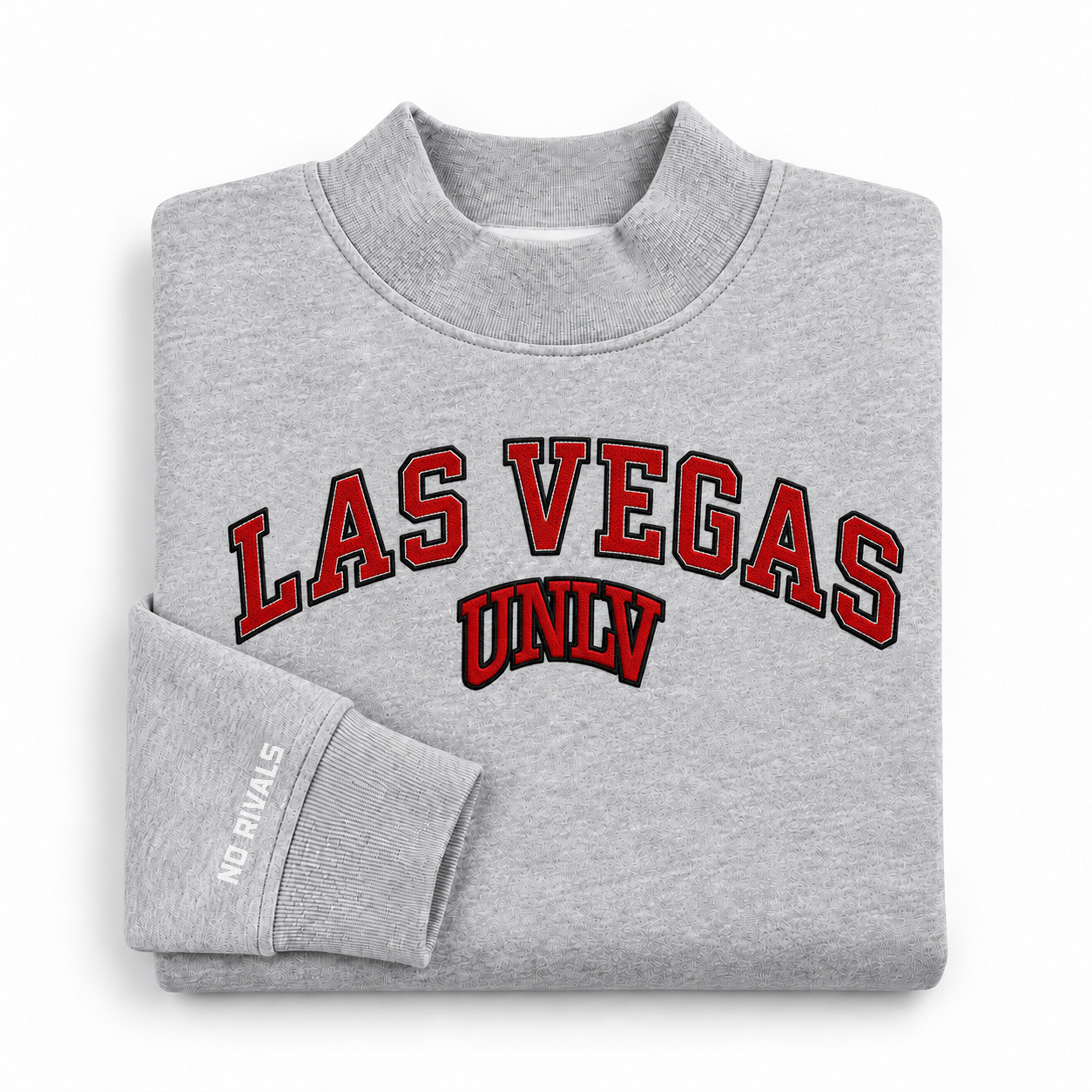 No Rivals UNLV Mock Neck oversized gray sweatshirt featuring the text LAS VEGAS UNLV in red and black athletic-style lettering.