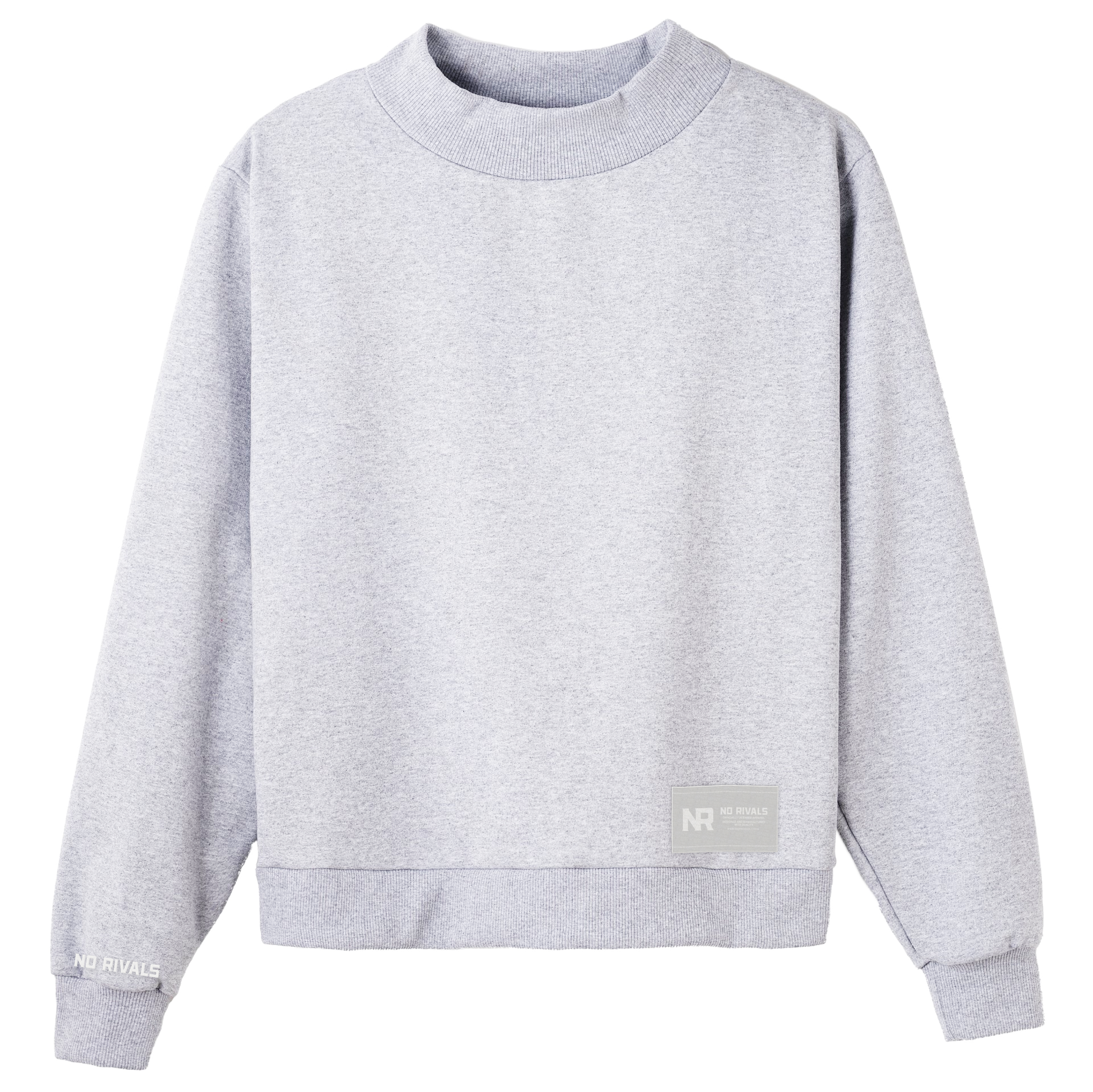 The Takedown Mockneck - Ash Grey - PRE-SALE is a heavyweight cotton sweatshirt with a relaxed, oversized fit, long sleeves, small NR NO RIVALS logo on the left cuff, and a patch near the lower hem.