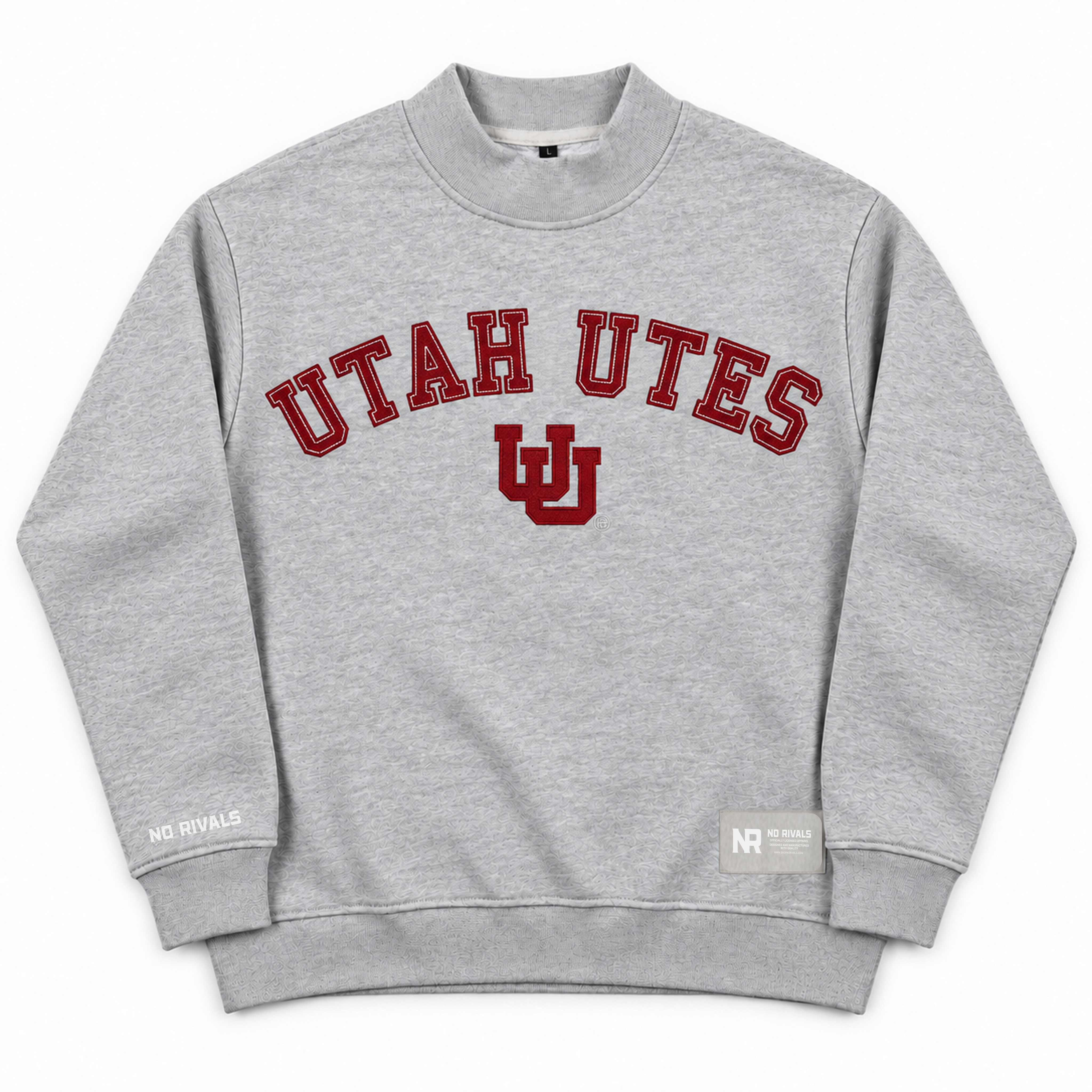 Oversized grey Utah Mock Neck sweatshirt featuring UTAH UTES and a block UU logo in red, with No Rivals branding details on the sleeve and hem.