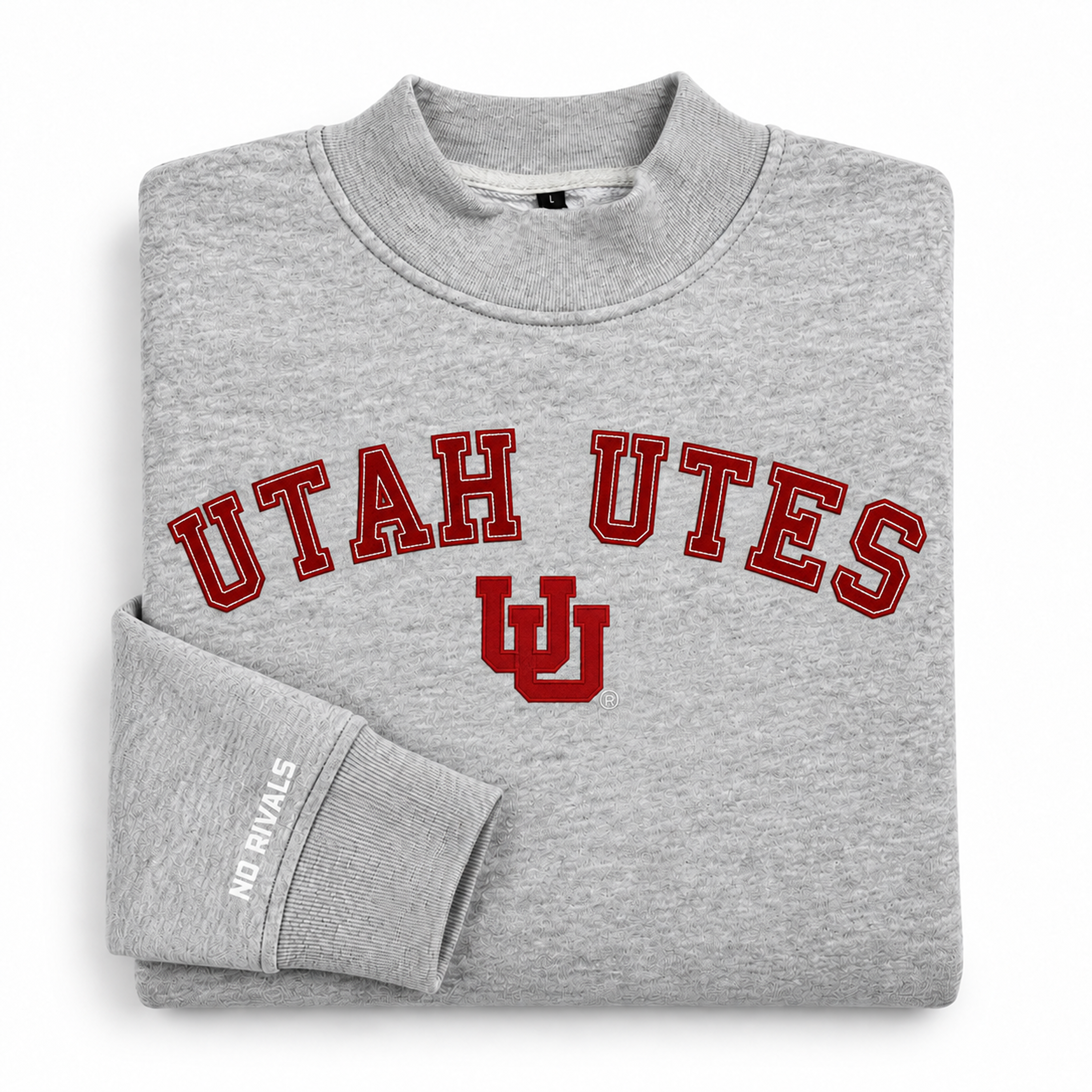 Folded, oversized grey No Rivals Utah Mock Neck sweatshirt featuring UTAH UTES in red collegiate lettering and a red interlocking UU logo on the chest.