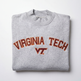 The No Rivals Virginia Tech Mock Neck, an oversized folded gray sweatshirt, features large orange and maroon "VIRGINIA TECH" text and a VT logo beneath on heavyweight cotton, displayed against a plain white background.