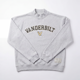 The No Rivals Vanderbilt Mock Neck is a light gray heavyweight cotton sweatshirt featuring black and gold "VANDERBILT" lettering and a gold V logo on the front, shown laid flat against a white background.