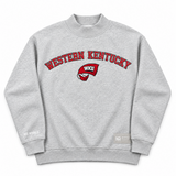 Oversized grey Western Kentucky Mock Neck sweatshirt featuring the text Western Kentucky and a red WKU logo on the chest.