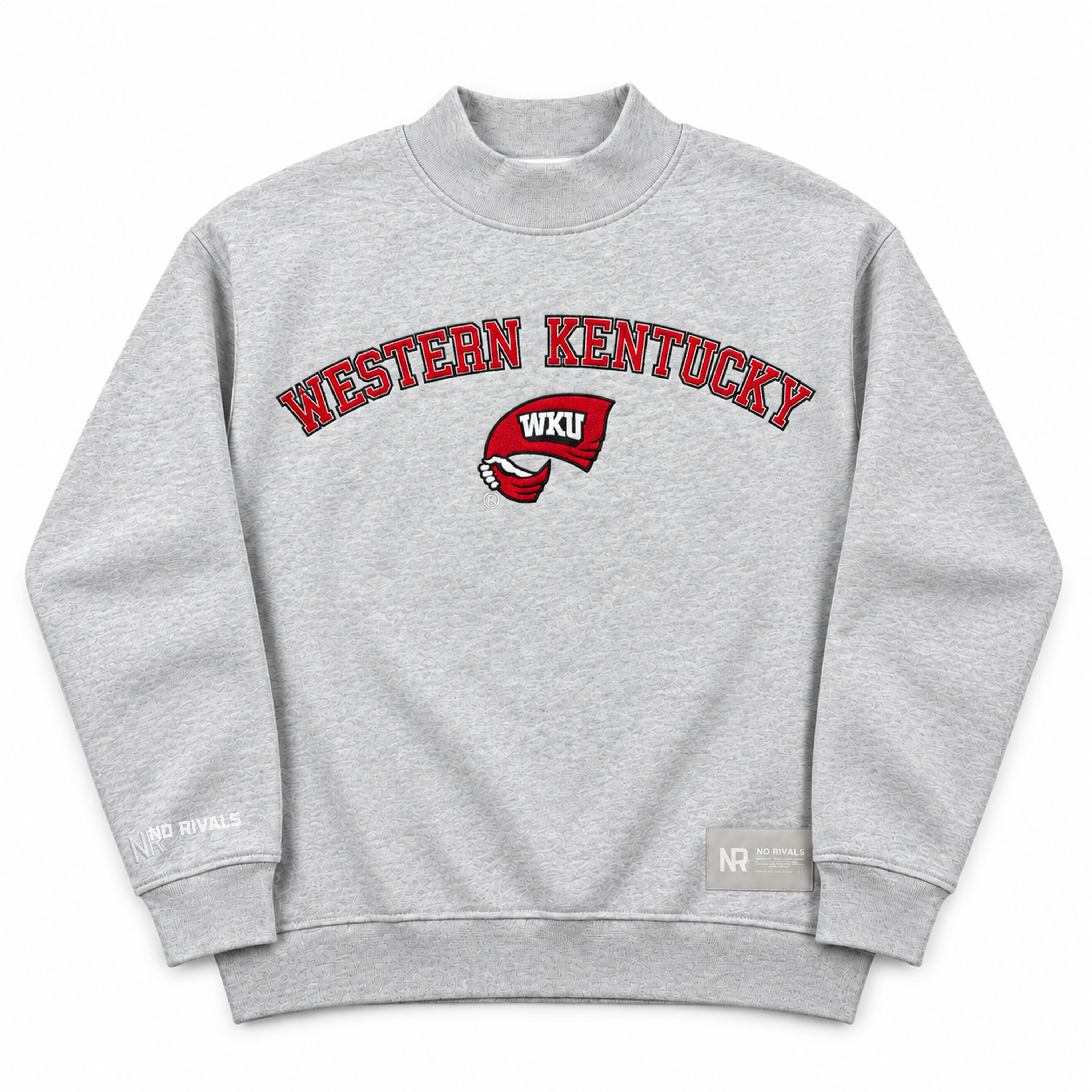 Oversized grey Western Kentucky Mock Neck sweatshirt featuring the text Western Kentucky and a red WKU logo on the chest.