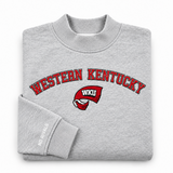Folded, heavyweight heather gray Western Kentucky Mock Neck sweatshirt with a fleece interior, featuring the text WESTERN KENTUCKY and a red WKU logo on the chest.