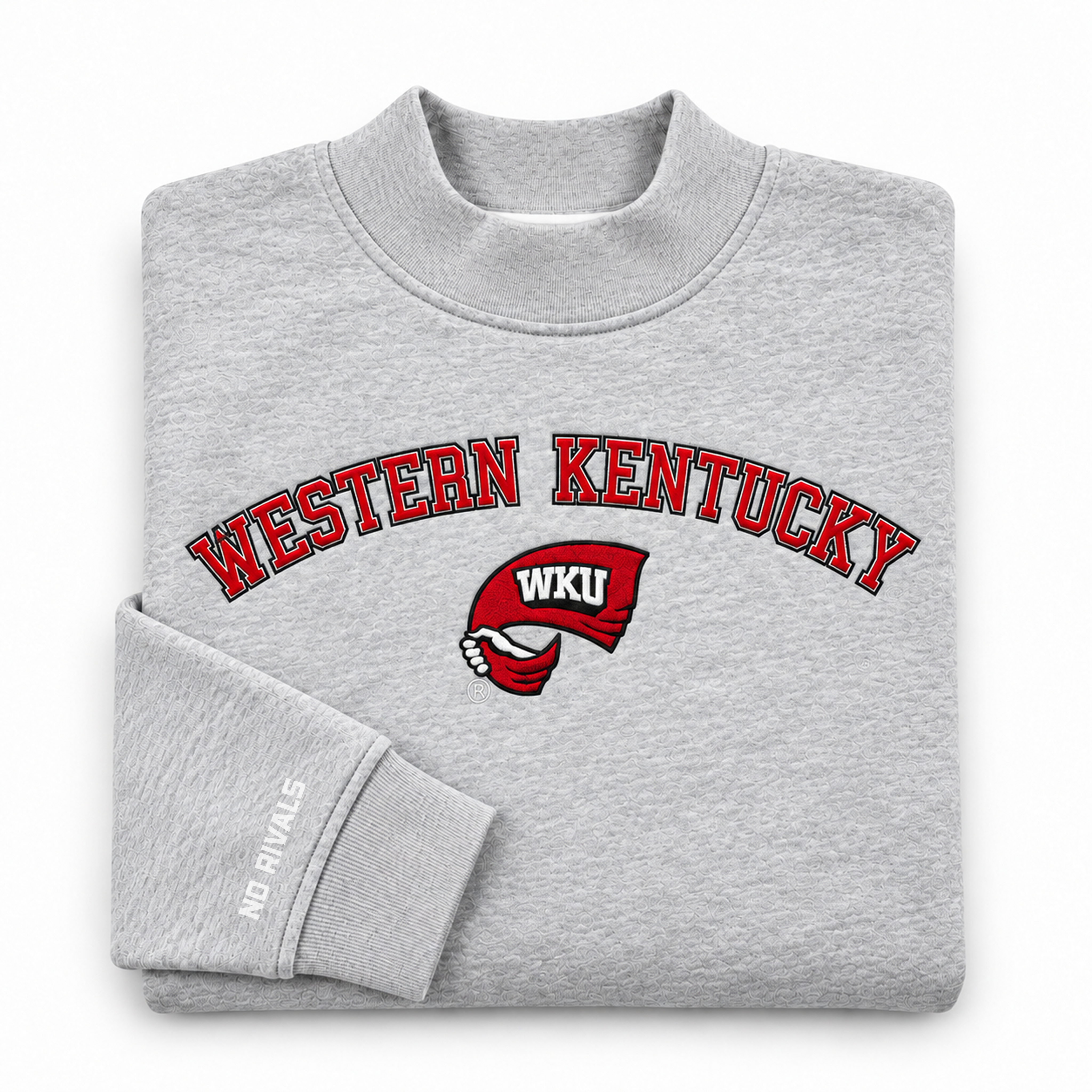 Folded, heavyweight heather gray Western Kentucky Mock Neck sweatshirt with a fleece interior, featuring the text WESTERN KENTUCKY and a red WKU logo on the chest.