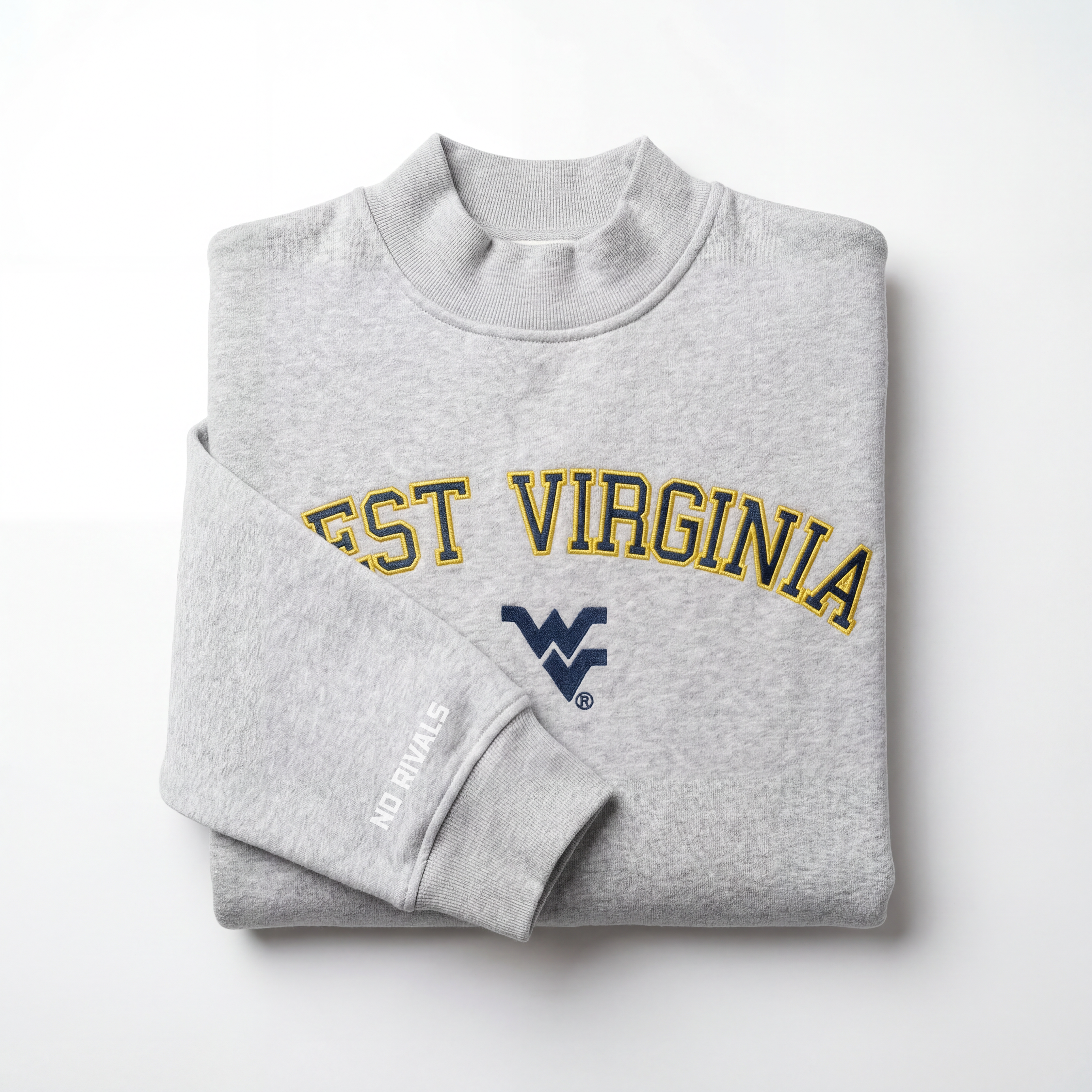 The West Virginia Mock Neck by No Rivals is a heavyweight gray cotton sweatshirt with WEST VIRGINIA in yellow and a blue chest logo, plus "NO RIVALS" in white on the sleeve, shown folded on a white background.