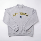 The No Rivals West Virginia Mock Neck is a light gray oversized sweatshirt with "WEST VIRGINIA" in yellow lettering and a blue logo below, featuring a small tag on the lower right. Laid flat on a white background.
