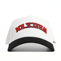 The Upside Down WRECK 'EM Hat - Classic Colors is a white snapback with a black brim, featuring “WRECK EM” embroidered in mirrored red on the front. Crafted from high-quality cotton for a comfortable, structured fit.