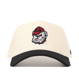 The Georgia Vintage Logo Patch Hat - Classic Black is a high-quality cotton cap with a white crown, black brim, and features an embroidered cartoon bulldog in a red cap on the front. Structured fit ensures lasting comfort.