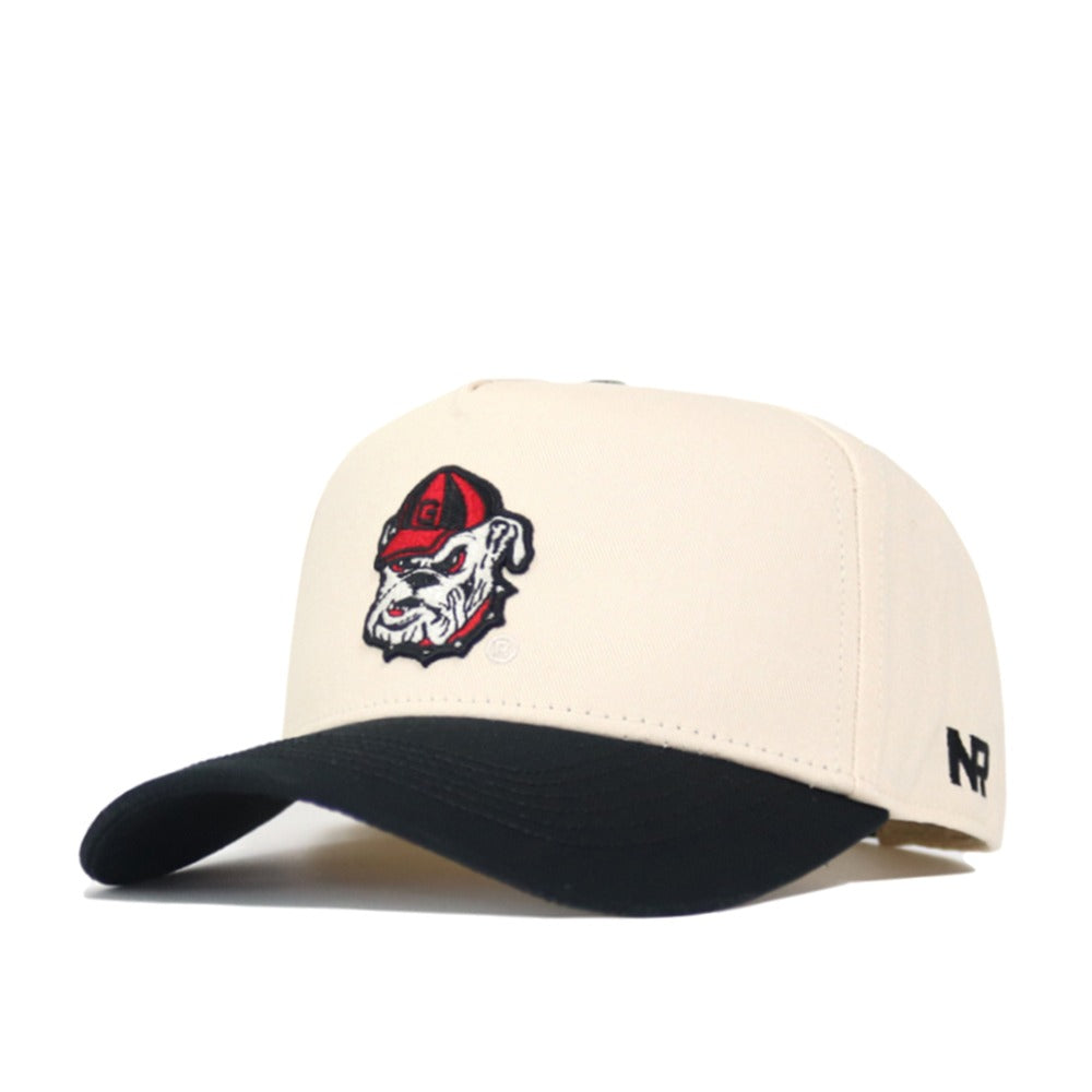 The Georgia Vintage Logo Patch Hat - Classic Black is a structured-fit beige cap with a black curved brim, embroidered bulldog in red cap on the front, NP on the side, high-quality cotton, and adjustable snapback closure.