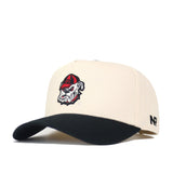 The Georgia Vintage Logo Patch Hat - Classic Black is a structured-fit beige cap with a black curved brim, embroidered bulldog in red cap on the front, NP on the side, high-quality cotton, and adjustable snapback closure.