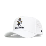 The Mizzou Golf Hat - White is a structured fit cap featuring a tiger mascot, "MIZZOU" text, side ventilation holes, and the NR logo on the bill. Made from a polyester-cotton blend for comfort.