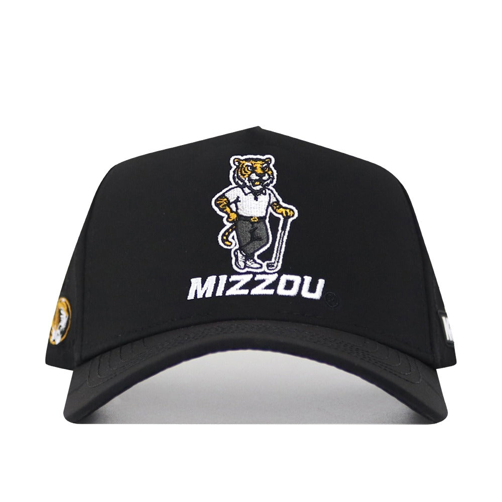 The No Rivals Mizzou Golf Hat in black features a tiger mascot in a shirt and pants above "MIZZOU" embroidered on the front, plus a small tiger logo on the brim's left side and offers a structured fit for comfort.