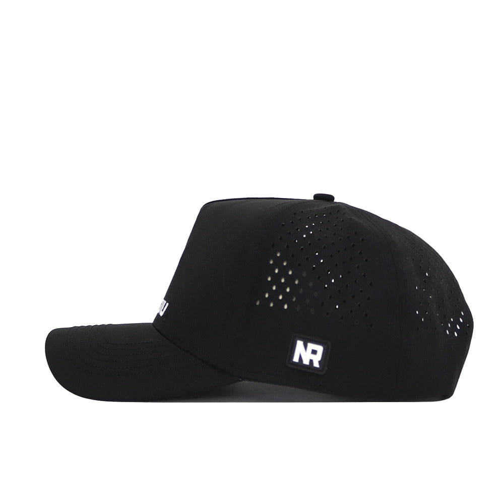 The Mizzou Golf Hat - Black is a structured fit cap made from a polyester-cotton blend, featuring small ventilation holes, a curved brim, and a white NR logo patch on the back left side. Shown in side view.