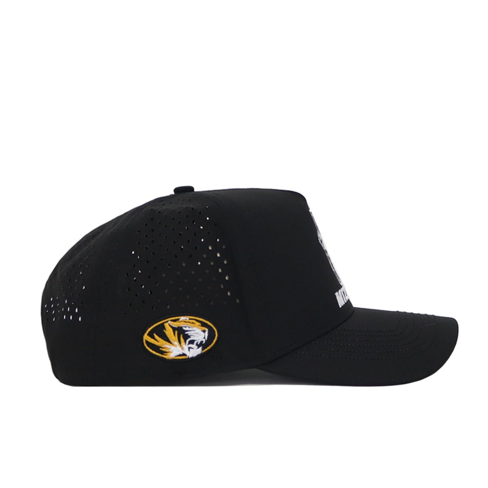 The Mizzou Golf Hat - Black is a structured fit hat made from a polyester-cotton blend, with perforated side panels and a yellow, white, and black tiger logo patch near the back. It features a snap back adjustment for comfort. Shown in side view on white.