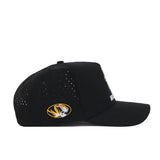 The Mizzou Golf Hat - Black is a structured fit hat made from a polyester-cotton blend, with perforated side panels and a yellow, white, and black tiger logo patch near the back. It features a snap back adjustment for comfort. Shown in side view on white.