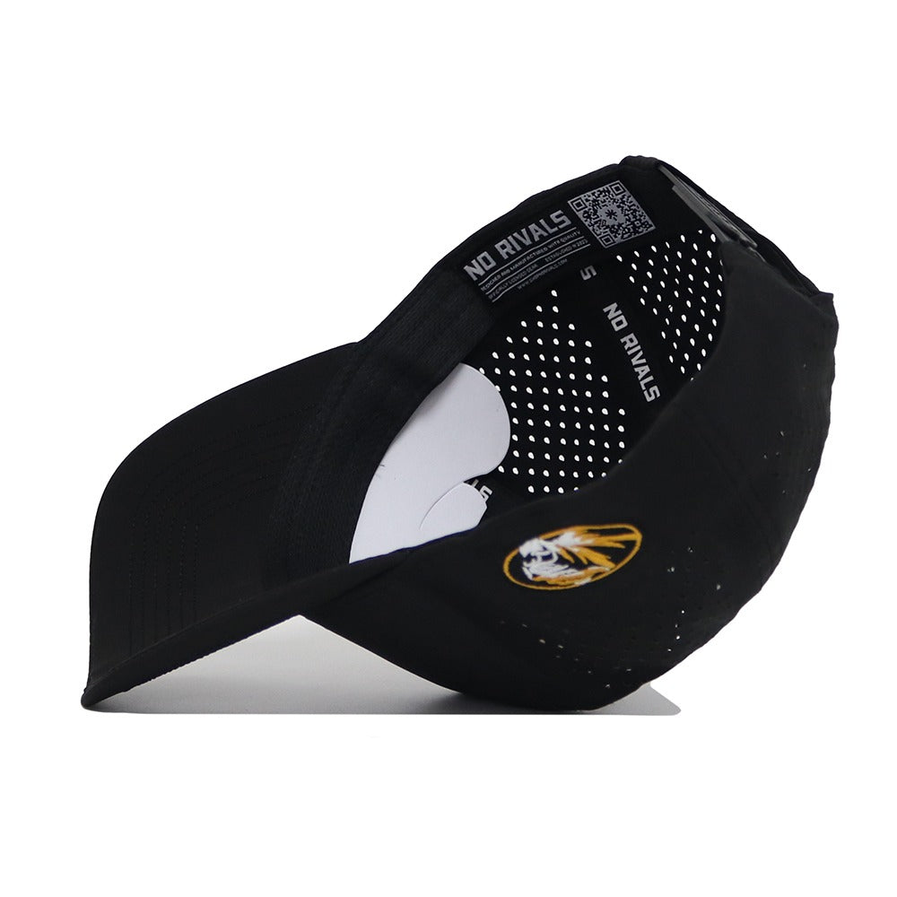 The Mizzou Golf Hat - Black features a bold Missouri Tigers logo on the front, NO RIVALS text and a QR code inside the band, and an easy snap back adjustment. Made from a polyester-cotton blend, it's shown on its side to highlight these details.