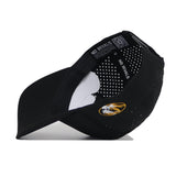 The Mizzou Golf Hat - Black features a bold Missouri Tigers logo on the front, NO RIVALS text and a QR code inside the band, and an easy snap back adjustment. Made from a polyester-cotton blend, it's shown on its side to highlight these details.