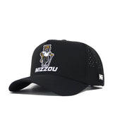 The Mizzou Golf Hat - Black is a structured fit, poly-cotton blend hat with an embroidered cartoon tiger mascot above "MIZZOU" on the front, a side NR logo patch, and back perforated ventilation holes.