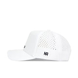 The Mizzou Golf Hat - White is a structured fit cap made from a polyester-cotton blend, with side ventilation holes and a black NR logo patch at the bottom edge. Shown in side profile on a plain white background.