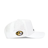 The Mizzou Golf Hat - White is a structured fit cap made from a polyester-cotton blend with side perforations and features the Missouri Tigers black, gold, and white tiger head logo on the side.