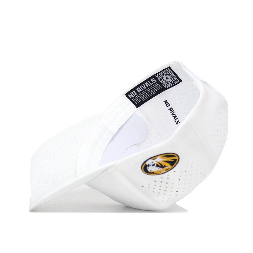 The Mizzou Golf Hat - White is a structured fit cap featuring ventilation holes, an interior NO RIVALS label, a Missouri Tigers logo on the side, and a QR code on the inside tag.