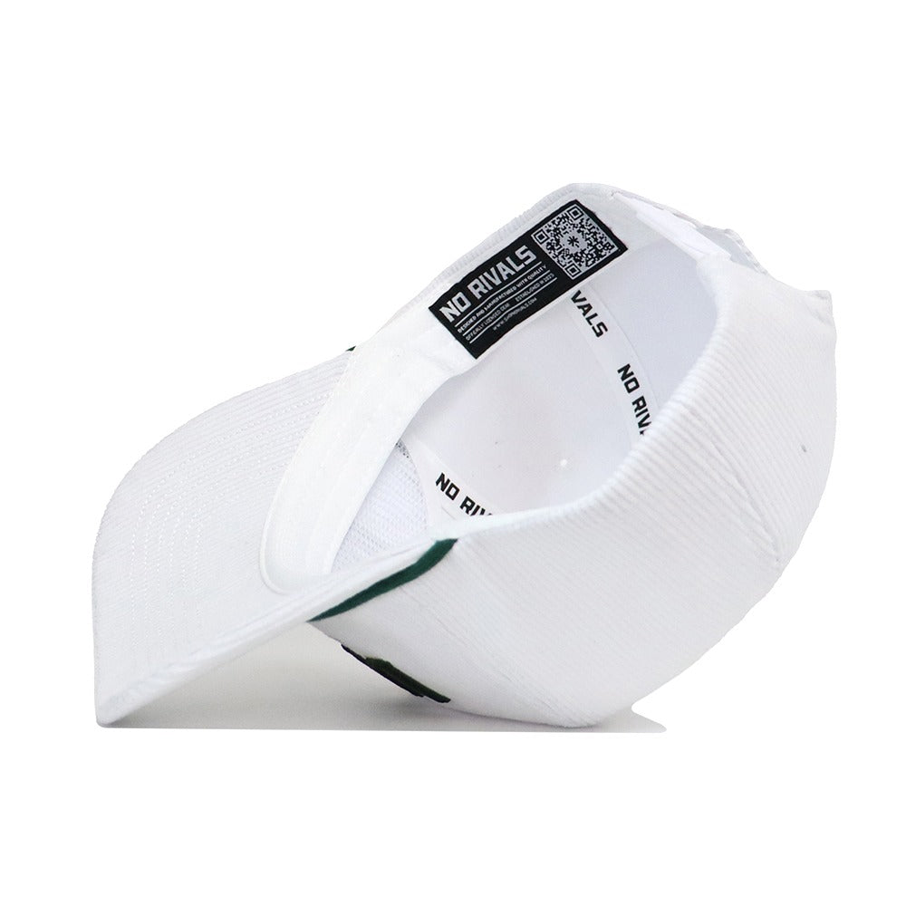The St.Pattys Lucky Cord Hat - White by No Rivals is shown inside out, revealing the NO RIVALS label, inner lining, and a QR code on the tag.