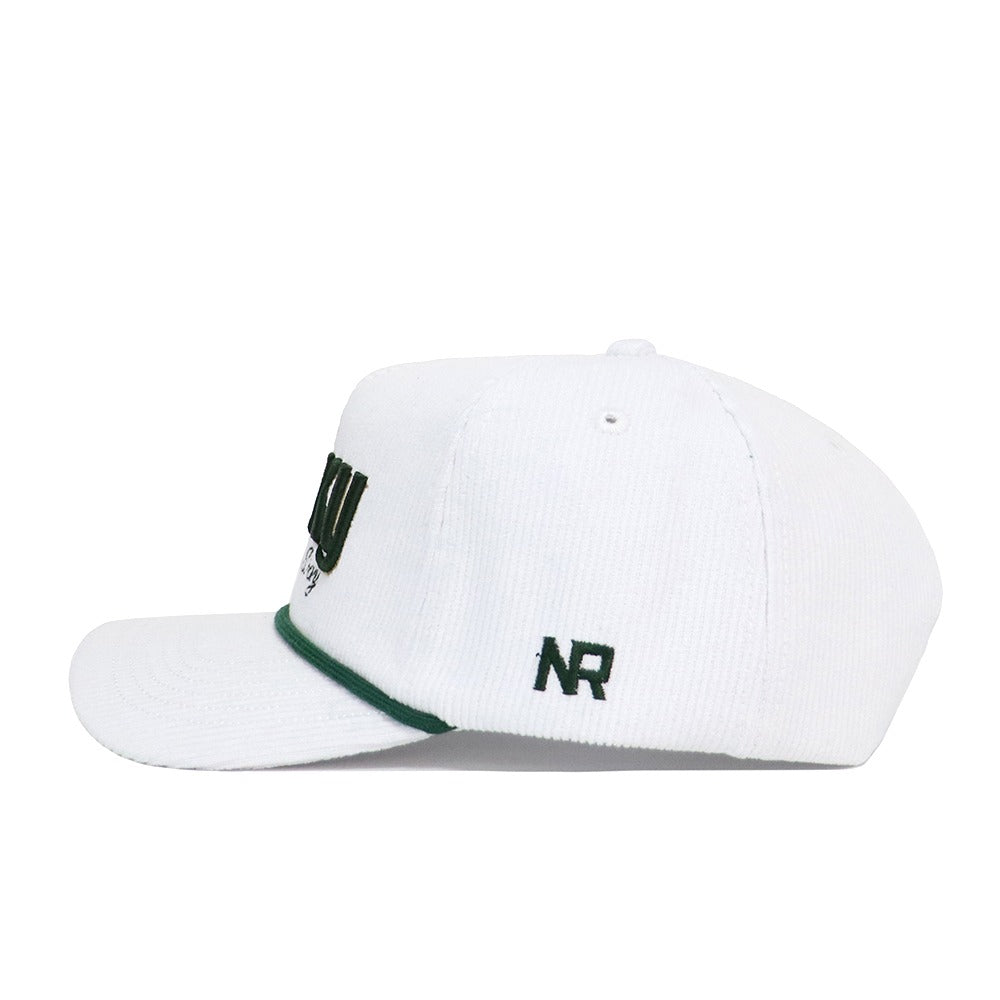 The No Rivals St.Pattys Lucky Cord Hat in white features a green brim accent and dark green "NR" embroidery on the side of its unstructured fit, shown from the side.