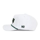 The No Rivals St.Pattys Lucky Cord Hat in white features a green brim accent and dark green "NR" embroidery on the side of its unstructured fit, shown from the side.