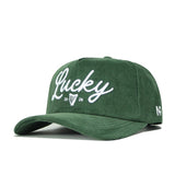 The No Rivals St.Pattys Lucky Cord Hat in green has an unstructured fit, "Lucky" embroidered in white script with 2026 and a harp logo on the front, plus AF initials on the side.