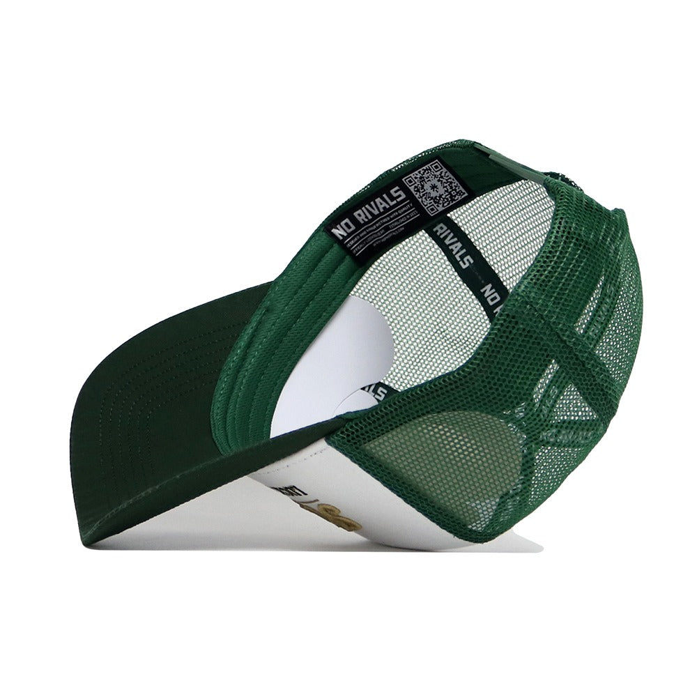 The St.Pattys Trucker Hat by No Rivals is a green mesh cap with an unstructured fit, curved brim, and black and white “NO RIVALS” text on the inner band. It features an adjustable snapback closure at the back.
