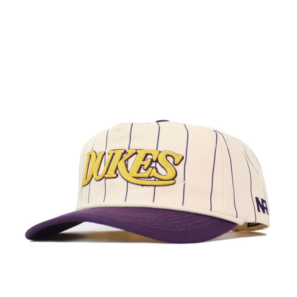 The No Rivals JMU Vintage Wordmark Hat - Pinstripe is a cream snapback baseball cap with thin blue stripes, "DUKES" in large yellow letters on the front, a purple brim, and "NF" on the left side. Made from high-quality cotton.