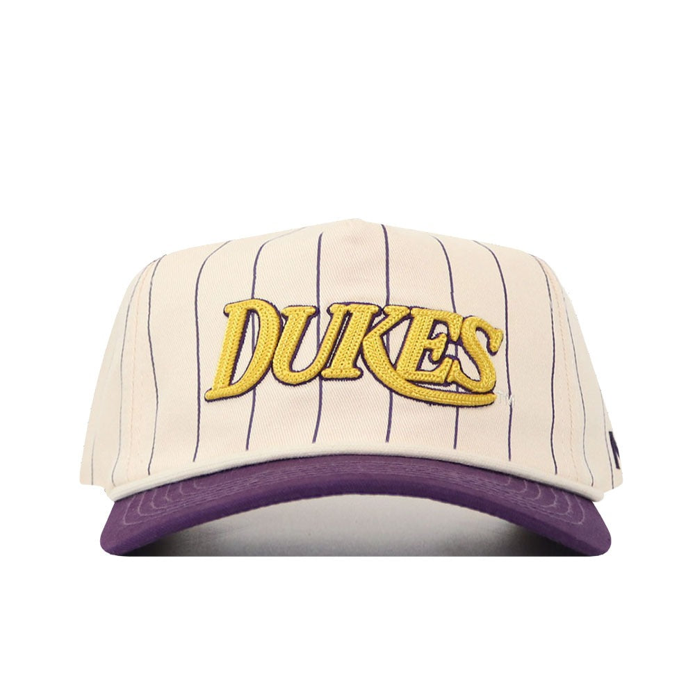 The No Rivals JMU Vintage Wordmark Hat - Pinstripe features beige cotton with thin purple pinstripes, a purple brim, "DUKES" in bold gold embroidery, and an adjustable snap back for comfort.