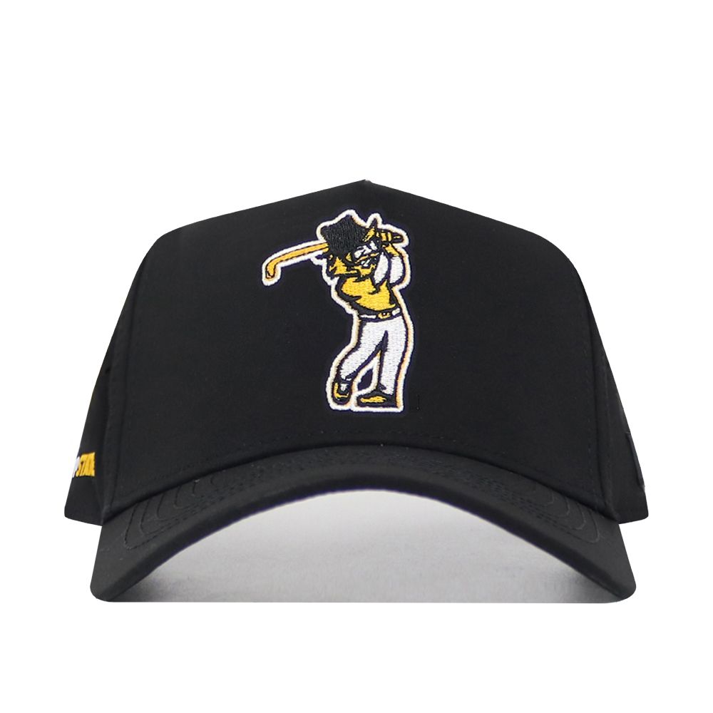The No Rivals App State Golf Hat - Black is a structured snapback made from a polyester-cotton blend, featuring an embroidered yellow and white cartoon character swinging a baseball bat on the front.