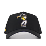 The No Rivals App State Golf Hat - Black is a structured snapback made from a polyester-cotton blend, featuring an embroidered yellow and white cartoon character swinging a baseball bat on the front.