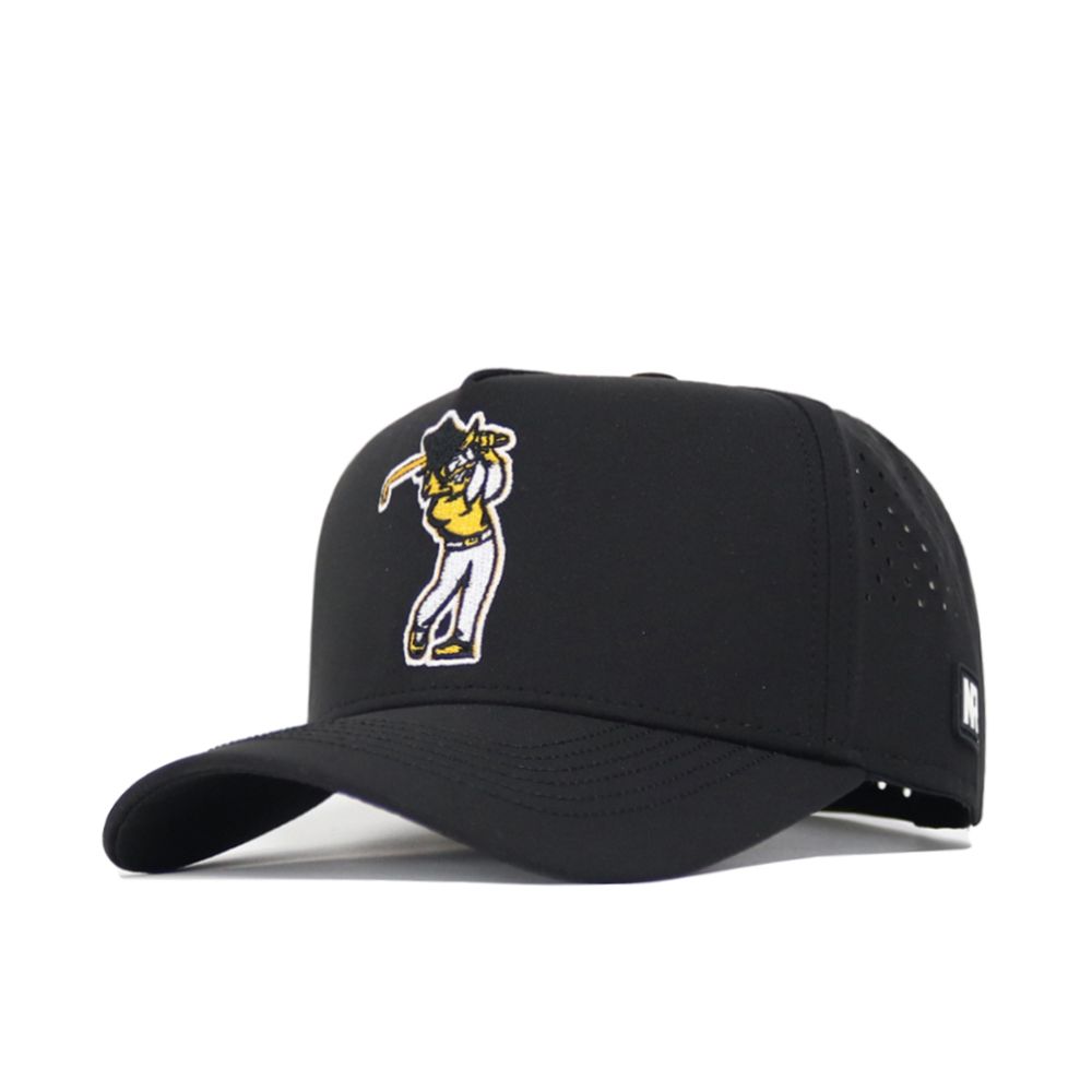 The No Rivals App State Golf Hat - Black features a curved brim, structured fit, and an embroidered cartoon of a baseball player swinging a bat on the front. Made from a polyester-cotton blend with side ventilation holes.