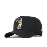 The No Rivals App State Golf Hat - Black features a curved brim, structured fit, and an embroidered cartoon of a baseball player swinging a bat on the front. Made from a polyester-cotton blend with side ventilation holes.